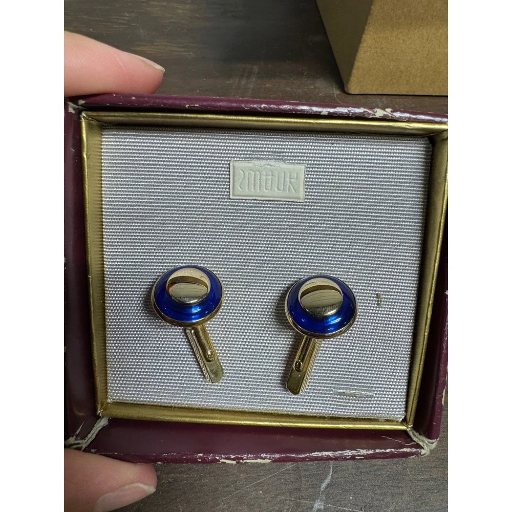 Vintage Swank Cufflinks and Tie Clip Set Blue Gold Silver Tone Mid Century Mens